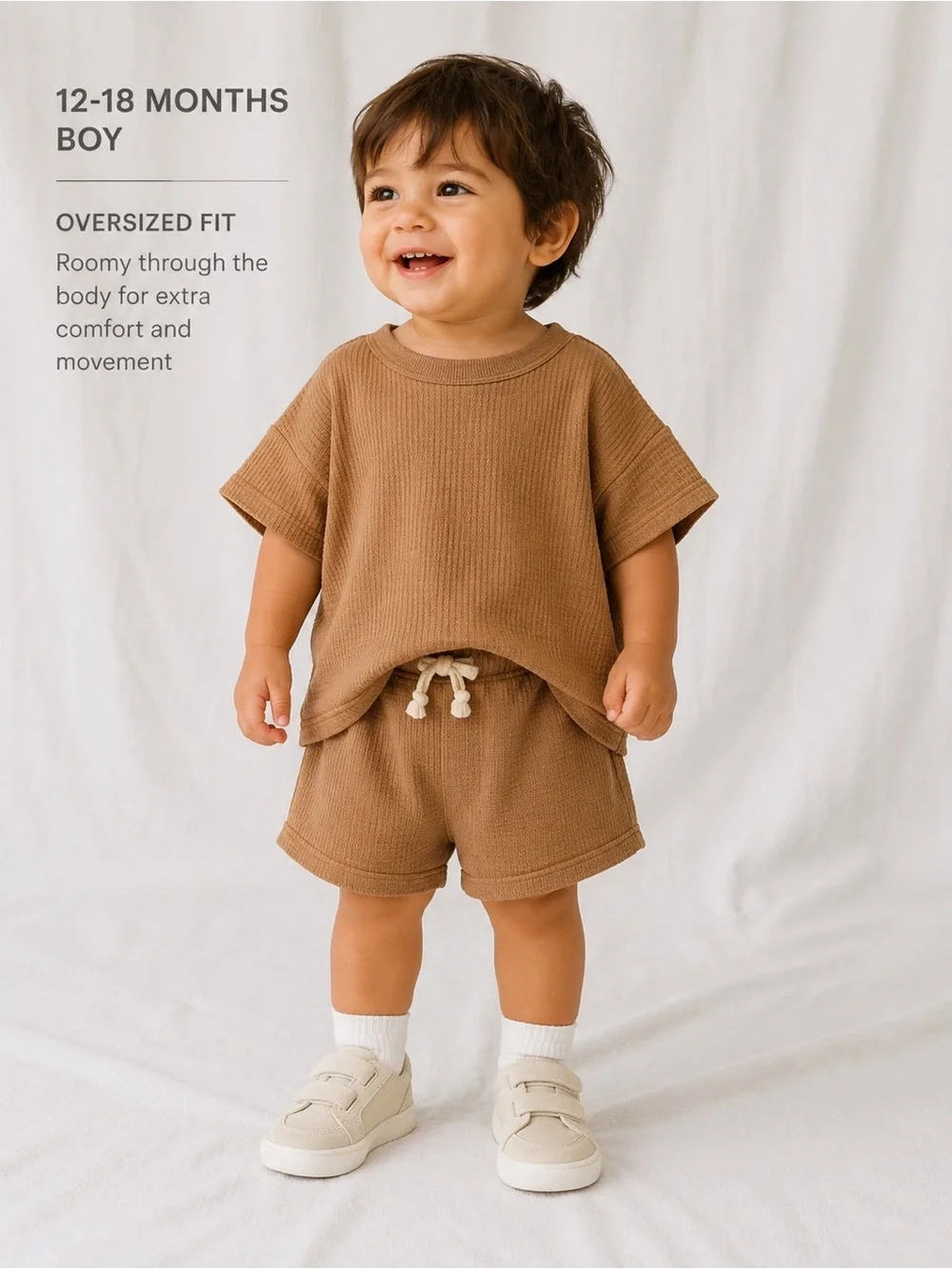 Kids Waffle-Knit Two-Piece Set in Tan